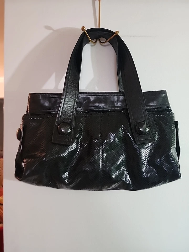 Kooba Black Snake Embossed Leather Shoulder & Two Handle Satchel Tote