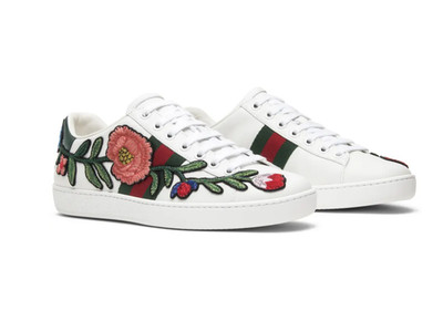 Gucci -Ace Sneaker- Weiß Leder Blumen Stickerei Web Streifen Turnschuhe 36 / UK3
