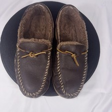 L.L. Bean Mens Brown Leather Wicked Good Moccasin shearling Slippers Sz 11 Med