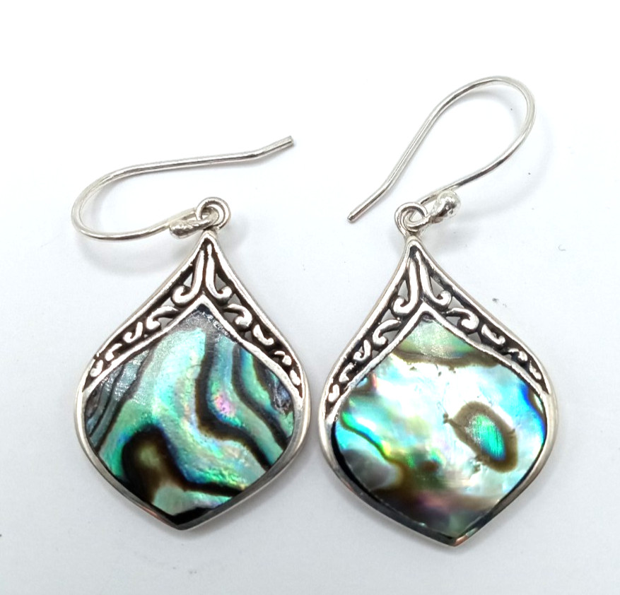Vtg Sterling Silver Abalone Dangling Pierced Earrings &  Pendant w Bonus Ring View 3