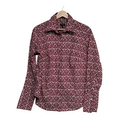 Talbots Woman Petites Red White Scroll Print Stretch Button Down Shirt 12WP