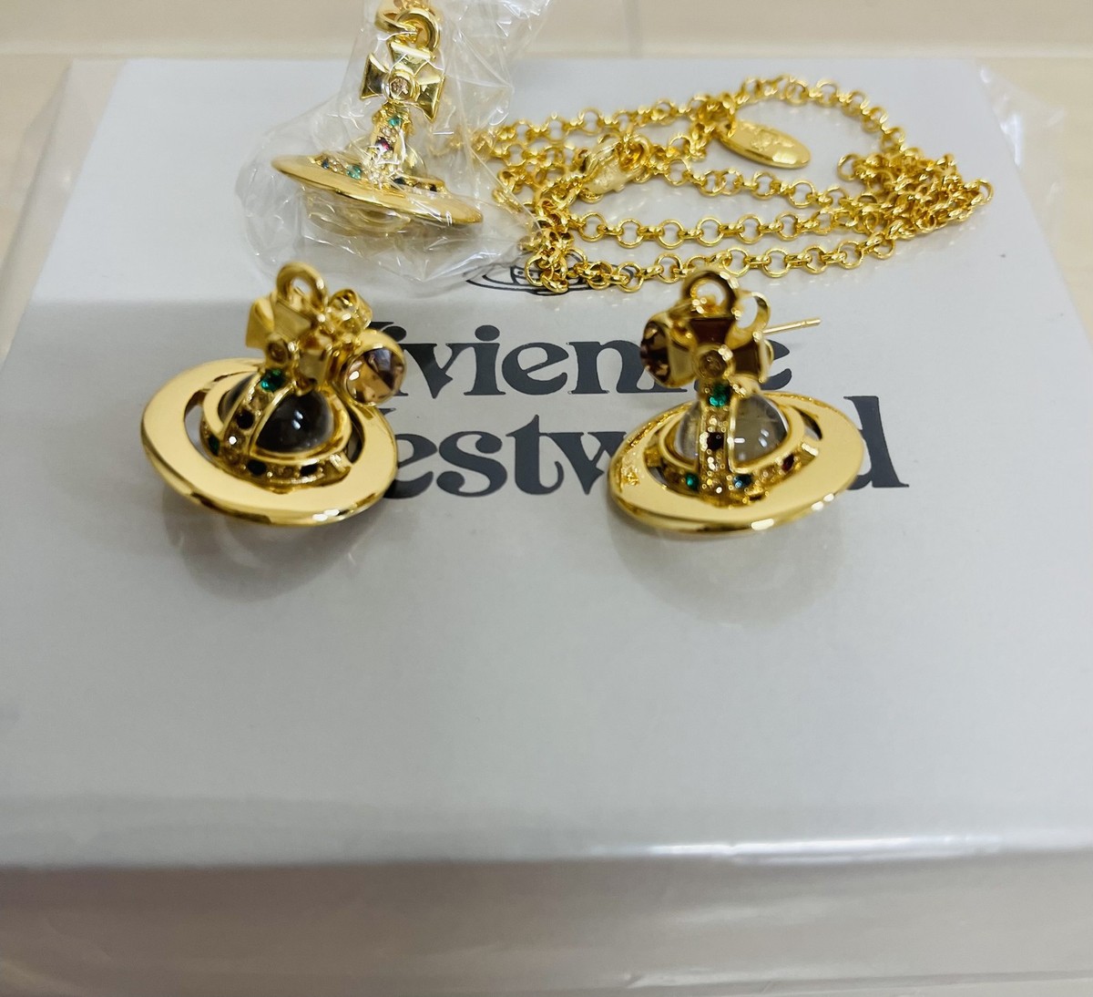 Vivienne Westwood Necklace Earrings Set Tiny Orb Gold Clear Multi