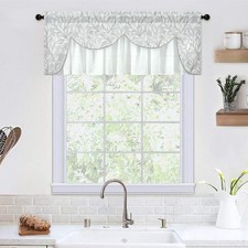 Country Style Scalloped Curtain Valances, 1 Panel Grey Leaf Print Light Filte...