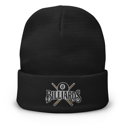 Billiards 8 Ball Beanie Embroidered Cue Sticks Cuffed Knit Cap Pool Players