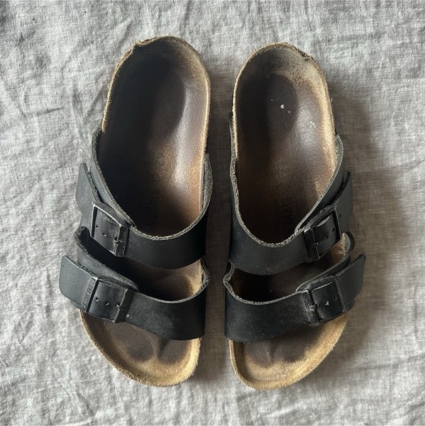 Birkenstock Arizona Black Leather Two Strap Buckle Slide Sandals size 42