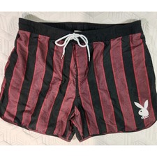 Playboy Swim Trunks by Pacsun Men's XL Red Black Striped Bunny Logo Tie Closure