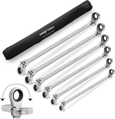 Extra Long Flex Head Ratcheting Wrench set, 6Pcs Double Box End Long Reach Ratch