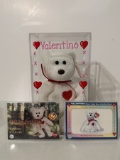 TY Beanie Baby VALENTINO The White Bear Red Heart, Painted Case, 2 Cards.