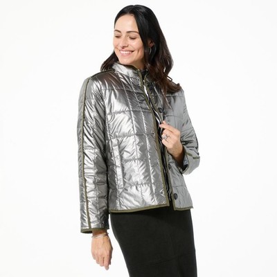 Jaclyn Smith Fashions Button-Front Contrast Trim Quilted Jacket Silver XL New