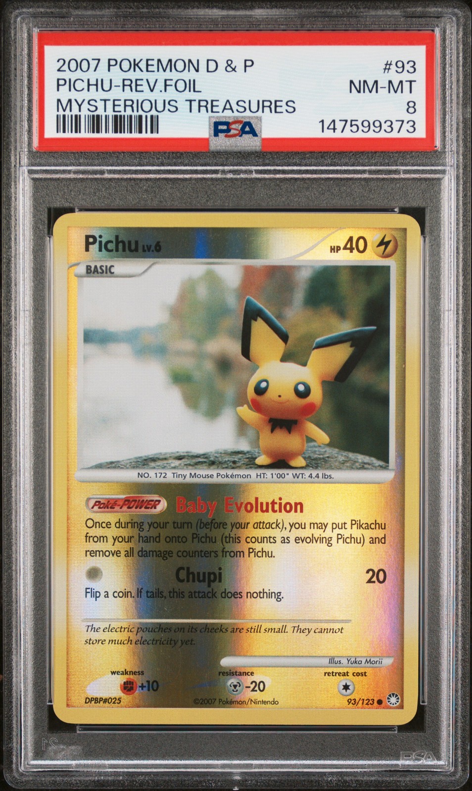 2007 POKEMON DIAMOND & PEARL MYSTERIOUS TREASURES #93 PICHU-REVERSE FOIL PSA 8