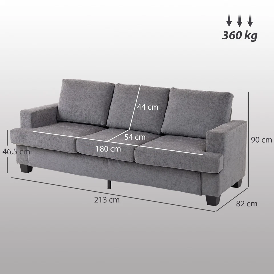HOMCOM 3-Sitzer Sofa, Couch mit Armlehnen, Stahlbeinen, Chenille-Optik, Grau - Bild 4 von 4