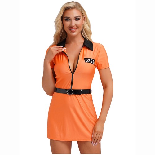 Damen Gefangener Kostüm V Ausschnitt Bodysuit Kleid High Cut Häftling Kostüm - Picture 24 of 34