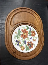 Vntg Dolphin Teakwood Cheese Charcuterie Board Flowers Floral Tile Tailand