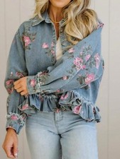 New Womens Retro Washed Floral Print Denim Ja...