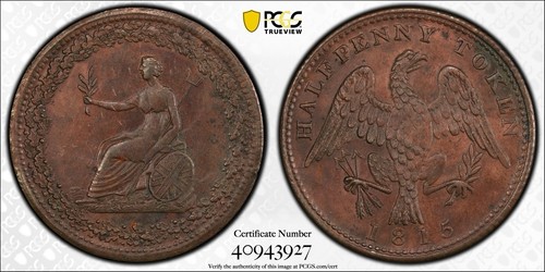 1815 1/2D MS61 PCGS TOP POP LC-54D1 Canada Halfpenny Token - Scarce CCW Wreath