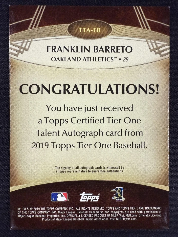 2019 Topps Tier One #TTA-CB Franklin Barreto Tier One Talent Autograph Auto /200 - Image 2 of 2