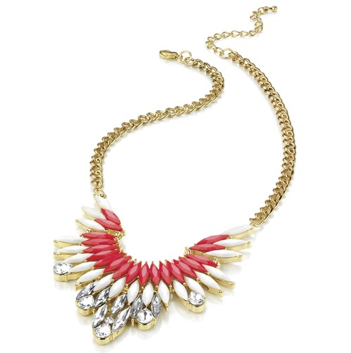 Pink & White Oval Crystal Statement Gold Necklace AJ28473