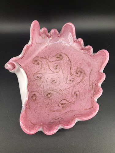Vtg Murano Hand Blown Oyster Shell Bowl Pink Copper Swirl Encased White 11.5” - Picture 2 of 15