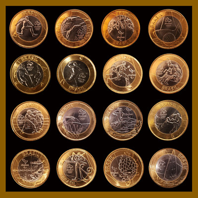 BRAZIL SET 16 COINS BI-METALLIC 1 REAL OLYMPIC RIO SPORT 2014-2016 UNC