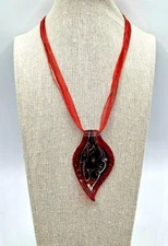 Red Ribbon Multi Strand Necklace  Red Blue Gold Swirl Art Glass Murano Style 16"