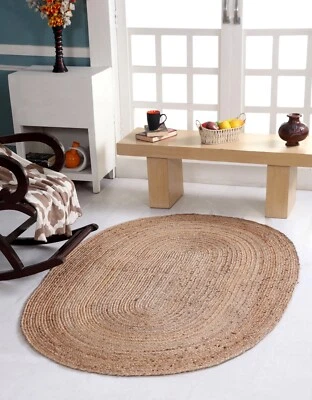 DHAKA Rustic Oval Rug Hand Woven Mat with Natural Fibre Indian Jute Flat Pile - Image 1 of 4