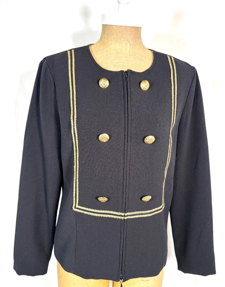 VTG 80s Joseph Ribkoff Black Blazer Gold Trim Embroidery Zip Jacket Women's Sz 8 - Image 2 of 4