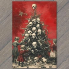 POSTCARD Gothic Christmas Tree Skulls Red Background Victorian Children Art