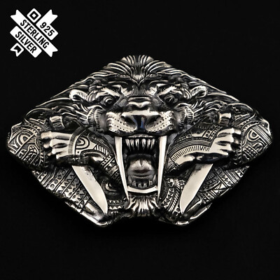 Belt buckle Steel fangs, saber toothed cat buckle, 925 Sterling Silver buckle