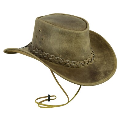 Leatherick Western Aussie Style Crazy Horse Leather Cowboy Hat with Chin  Strap