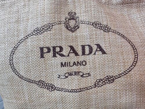 PRADA Logo Print Raffia Tote Bag Shoulder Tote Leather Natural Beige Size XL - Picture 3 of 23
