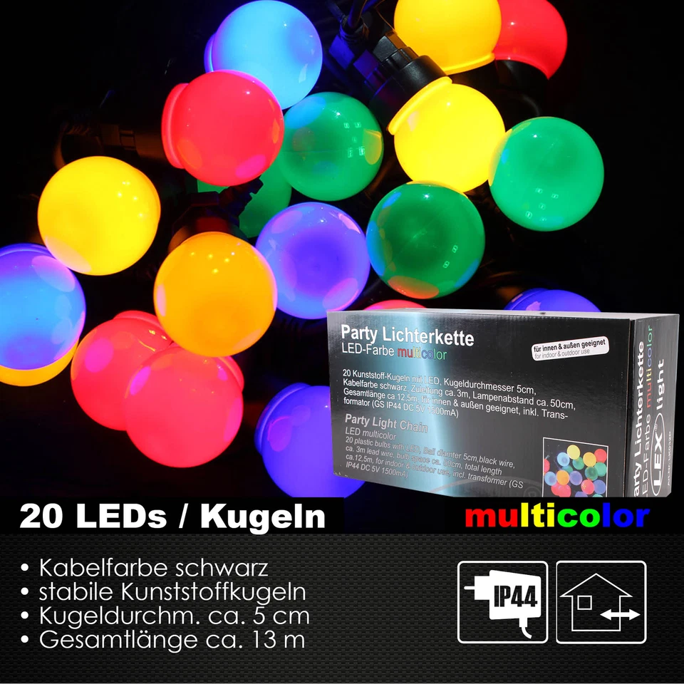 LED Partylichterkette Kugellichterkette Innen Außen Garten 10/20LED Kugeln bunt - Bild 3 von 3