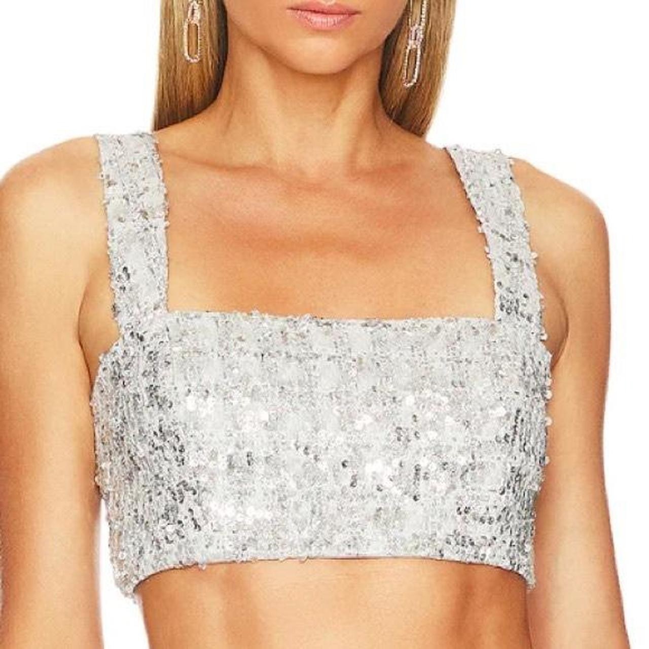 Amanda Uprichard Tish Stellar Silver Sequin Crop Top Revolve Party Y2K Club Rave