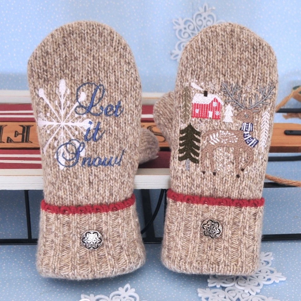 Sweater Mittens Made From Sweaters Embroidered Winter Let it Snow NEW