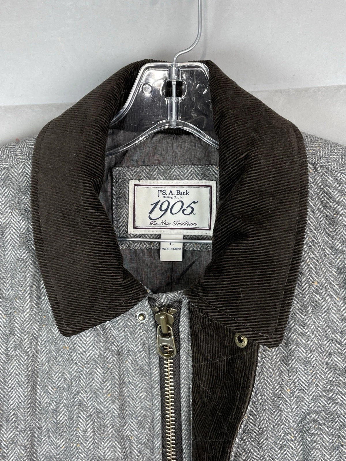 Jos A Bank Men XL Wool Quilted Barn Chore Coat Herringbone Corduroy Collar Gray image 10