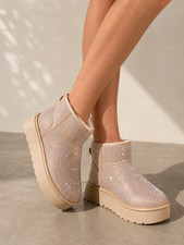 Women s Tan Rhinestone Platform Ankle Boots, 8