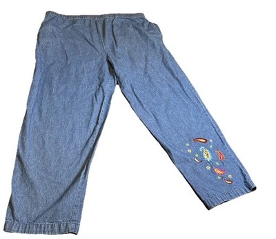National Womens 20W Denim Capri Pants Elastic Waist Embroidered Hem Cotton