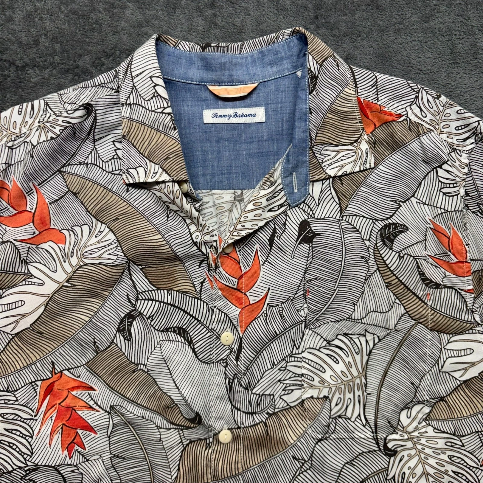 Tommy Bahama Shirt Mens Large XL Gray Orange Button Up Short Sleeve Lyocell