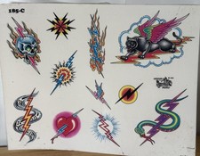 Vintage 90s Shop Used Tattoo Flash Traditional Lightening Panther Hot Rod