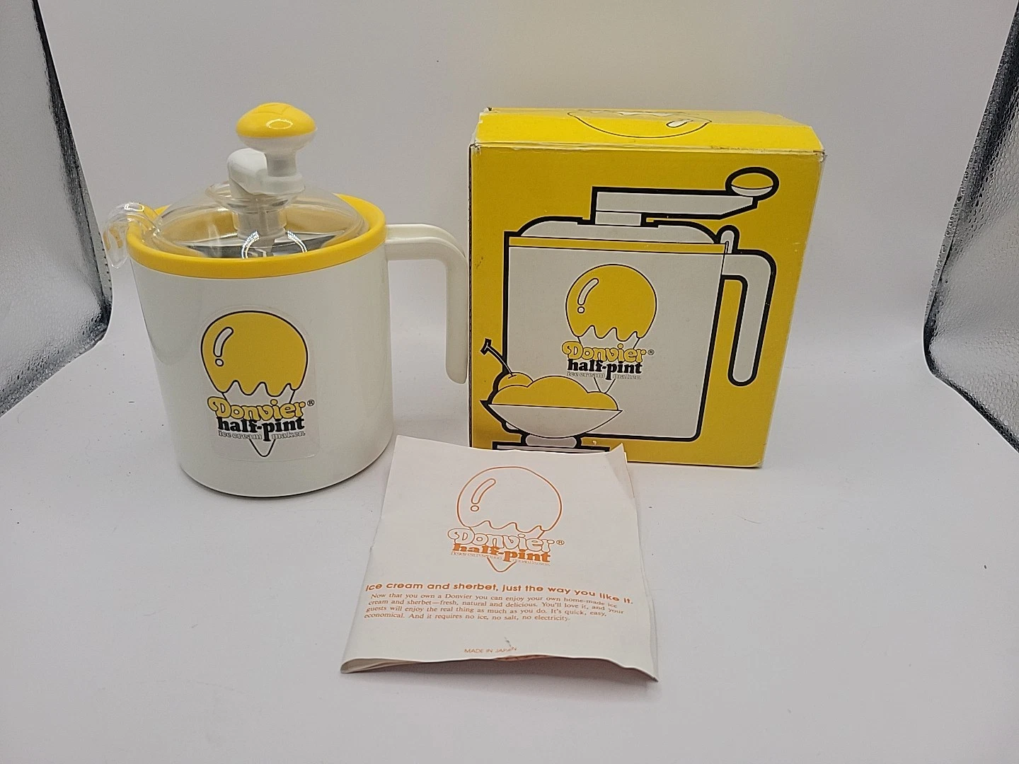 Vintage 1980s Donvier Ice Cream Maker 2 Pint Hand Crank Yellow w/Box and Manual