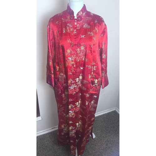 Chinese Red Silk Brocade Crane Robe Kimono Long Duster Frog Button Red Gold 42