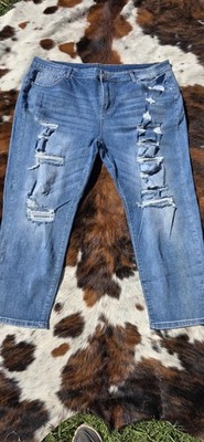 Women's Plus Size Blue Denim Jeans Distressed Ripped Stretch 5-Pocket Design