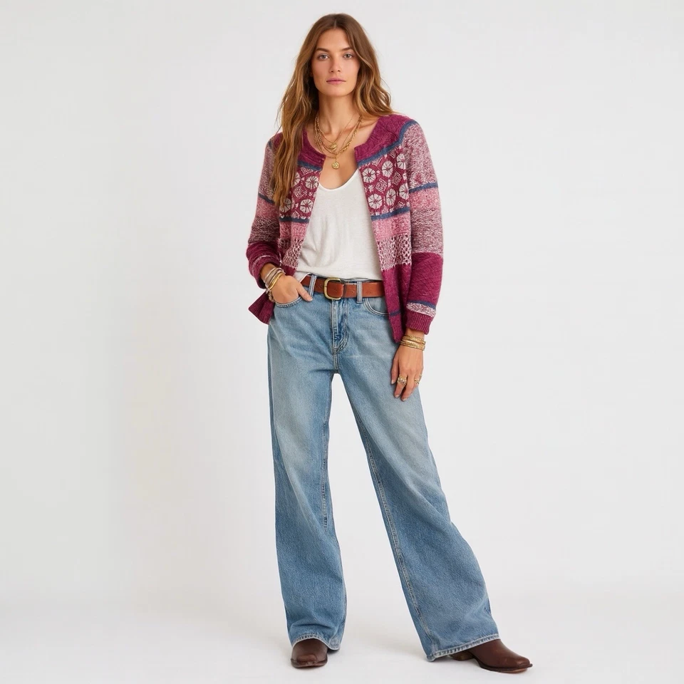 Cárdigan Sundance Fair Isle S Púrpura Rosa Nórdico Boho Cottagecore Lana Suéter Foto 2 de 4