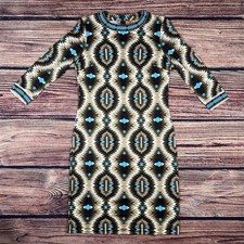 Tory Burch Womens Dress Small 100% Silk Sheath 3/4  Sleeve Aztec Brown Turquoise