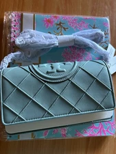 SALE! Auth Tory Burch Soft Fleming Chain Wallet Crossbody Blue Mist New $448