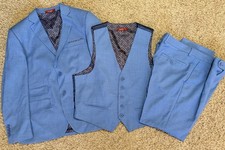 Men  s STATEMENT Platinum Super 108  s Slim Fit Steel Blue 3 Pcs Suit Set