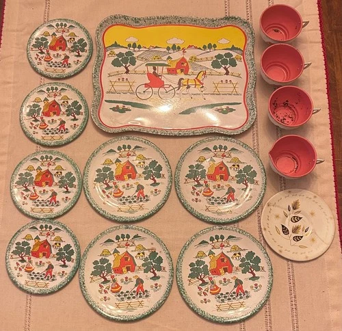 Vintage Ohio Art Child Dutch Country Holland Tin Tea Set~Cups~Saucers~Plate~Tray