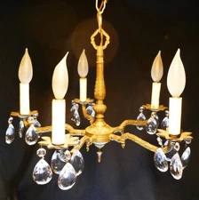 Spanish petite 5 chandelier light Hollywood Regency Spain cast brass crystal