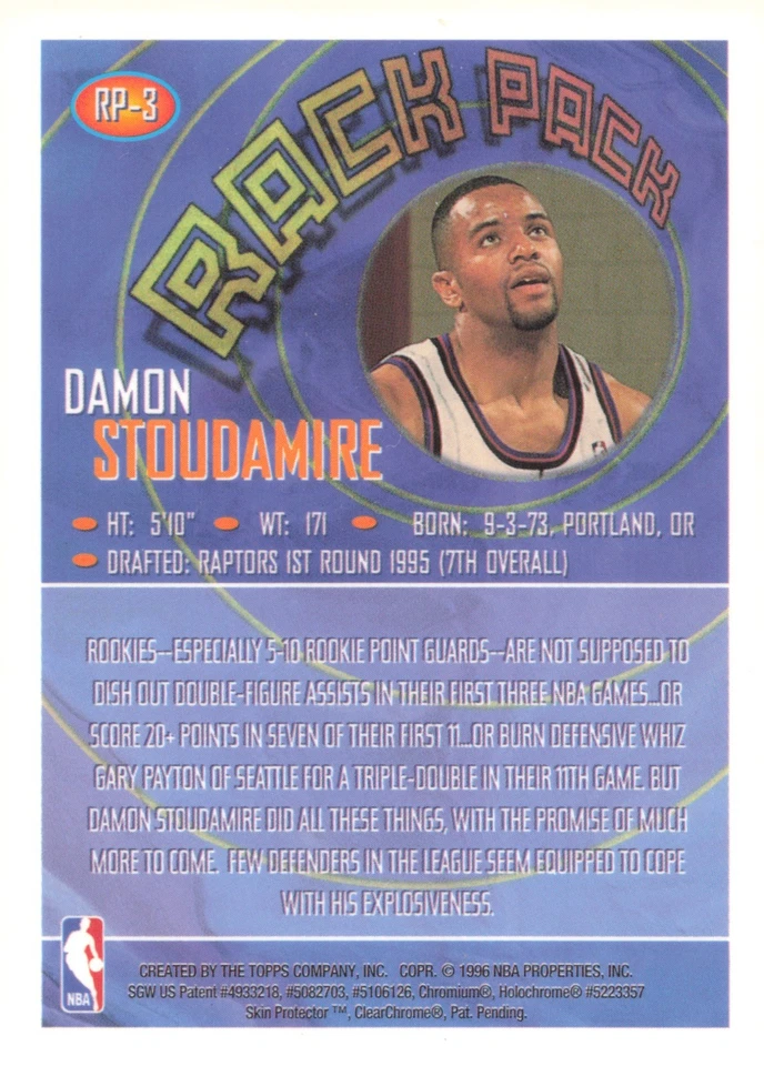 1995-96 Topps Finest Rack Pack #RP-3 Дэймон Стоудамир Новичок RC с Peel Toronto - Изображение 2 из 2