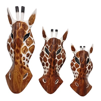 Giraffe White Wood Mixed 3 Masks Statue Sizes Animal Safari Wall Art Sculpture