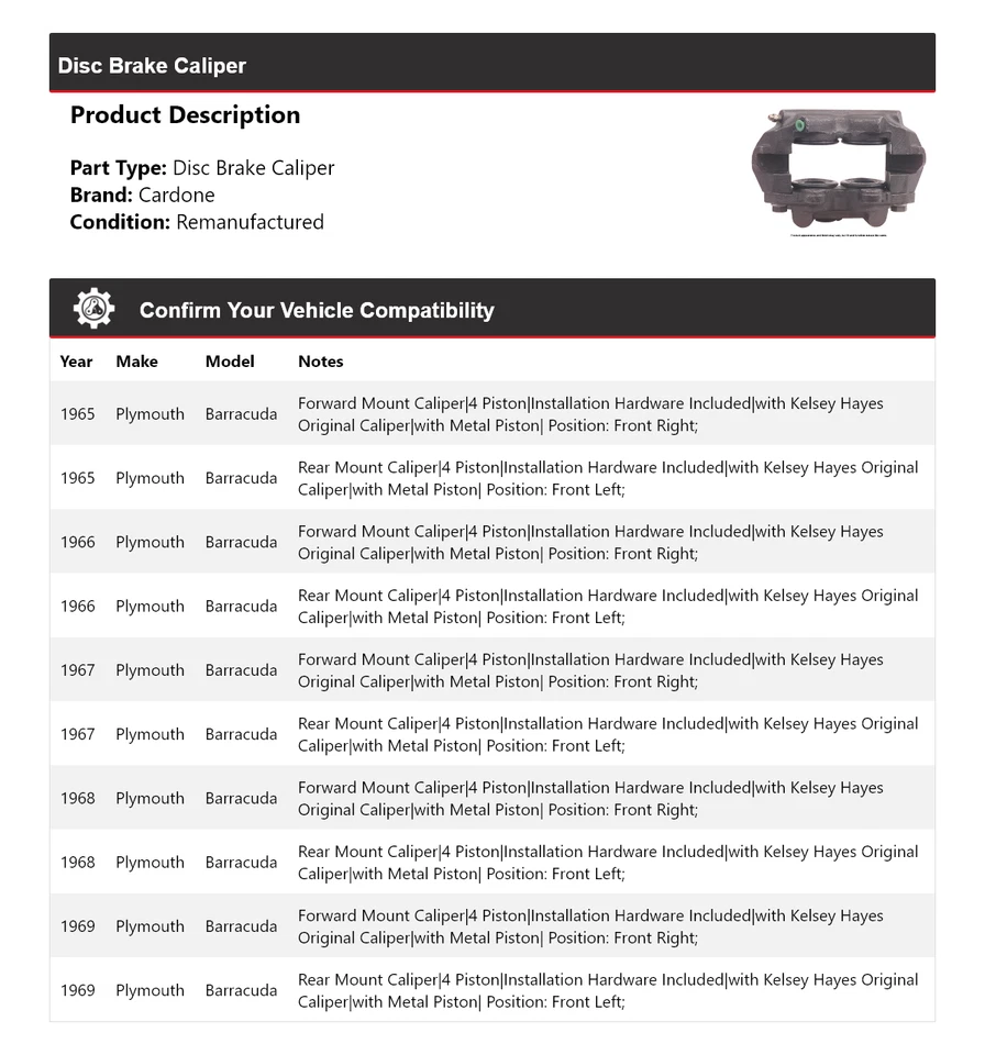 Pinza de freno de disco Cardone 1966 1967 1968 para Plymouth Barracuda 1965-1969 Foto 2 de 4